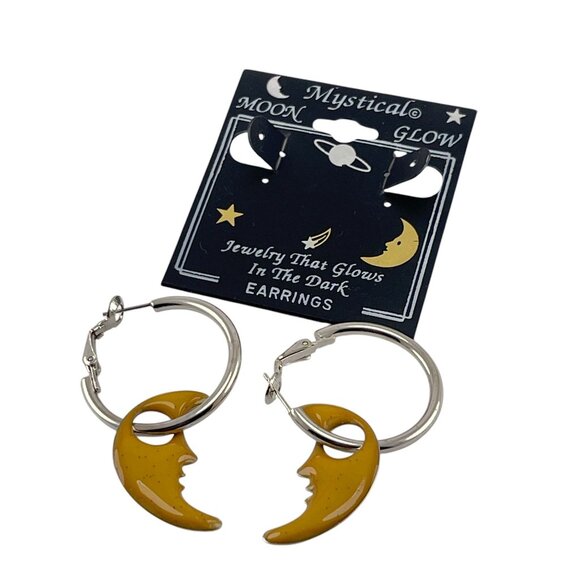 Mystical Moon Glow Hoop Earrings With Yellow Crescent Charms - Picture 3 of 7